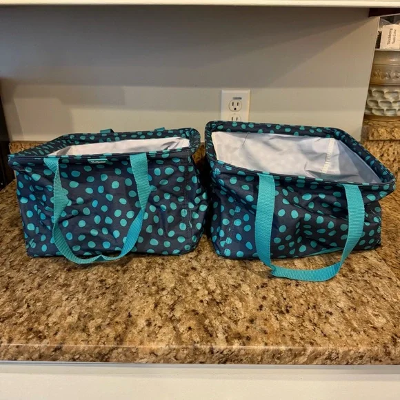 Lot of 2 Thirty One 31 Square Utility Tote Bags Teal Blue Polka Dot Storage - Picture 4 of 8
